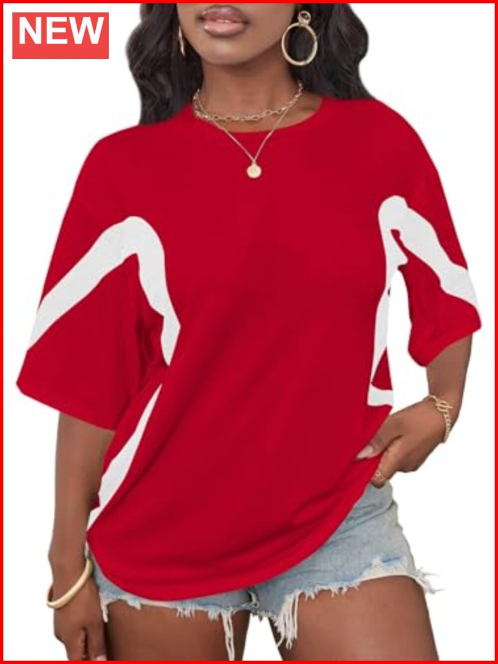 Oversized Color Block Graphic Tee for Women - Soft Cotton Blend Casual Top